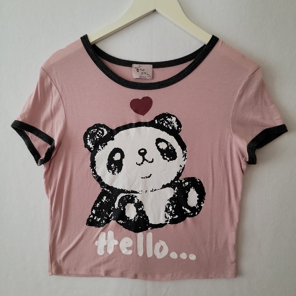 Four Girlz Panda Hello & Goodbye Short Sleeves T Shirt Women's Size Large